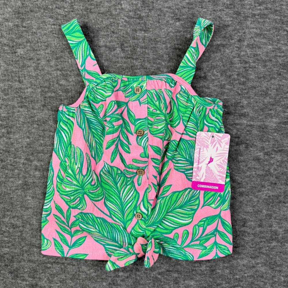 Tommy Bahama Tank Top Palm Leaf Button Tie Front Sleeveless Pink Green Size 4 XS